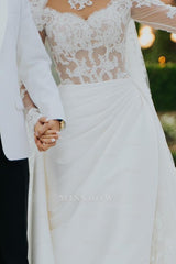 Chic White Mermaid High-Neck Long Sleeves Lace Long Satin Ruffle Detachable Panel Train Wedding Dresses With Appliques