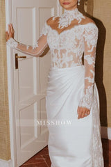 Chic White Mermaid High-Neck Long Sleeves Lace Long Satin Ruffle Detachable Panel Train Wedding Dresses With Appliques