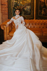 Chic White Mermaid High-Neck Long Sleeves Lace Long Satin Ruffle Detachable Panel Train Wedding Dresses With Appliques