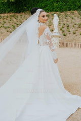Chic White Mermaid High-Neck Long Sleeves Lace Long Satin Ruffle Detachable Panel Train Wedding Dresses With Appliques