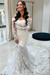 Chic White Mermaid Lace Off-The-Shoulder Beaded Long Sleeves Chapel Train Wedding Dresses With Appliques
