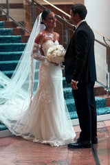 Chic White Mermaid Lace Sweetheart Long Sleeves Tulle Wedding Dresses With Appliques