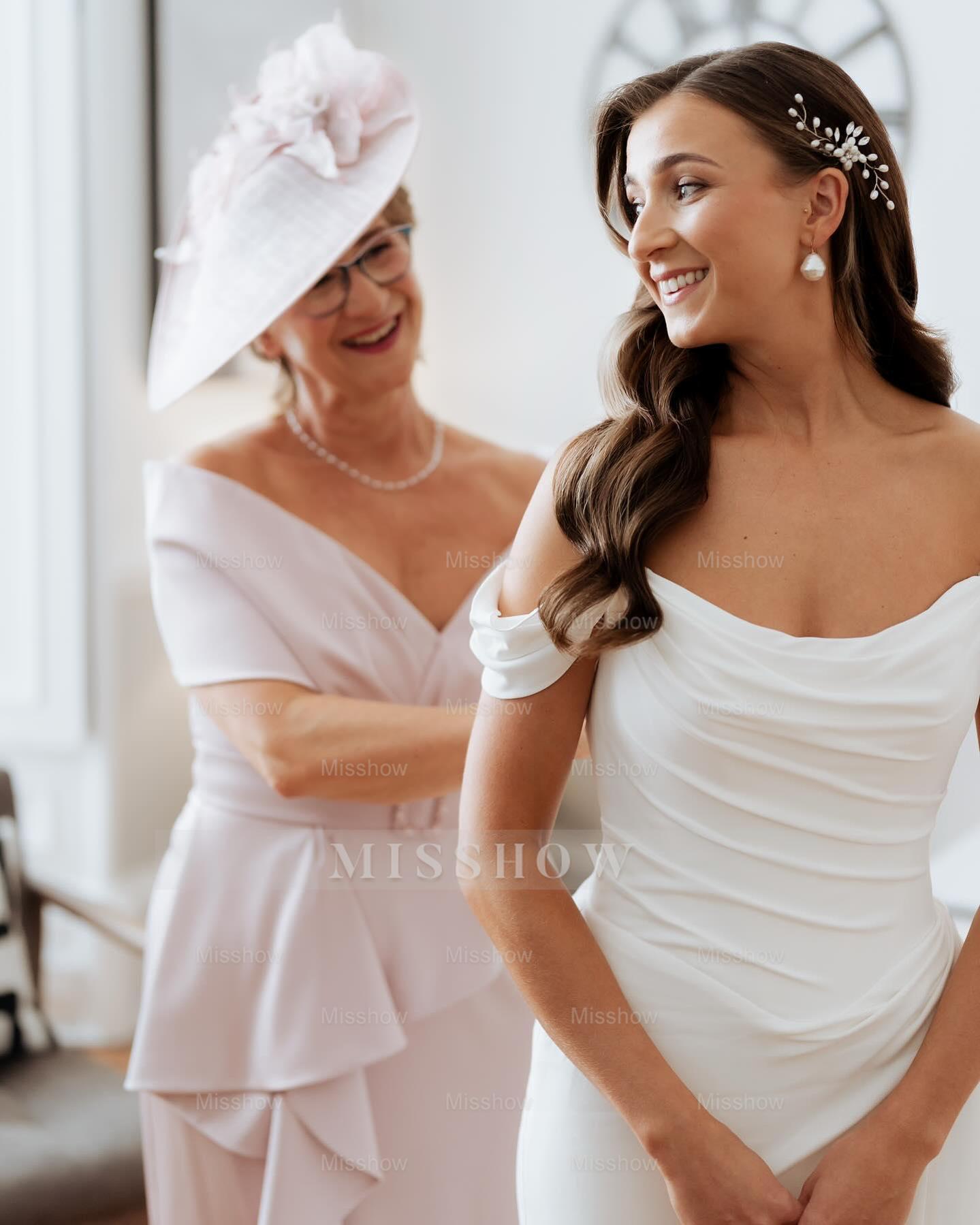 Chic White Mermaid Off-The-Shoulder Strapless Ruffles Long Simple Satin Wedding Dress With Slit