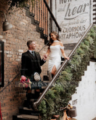 Chic White Mermaid Off-The-Shoulder Strapless Ruffles Long Simple Satin Wedding Dress With Slit