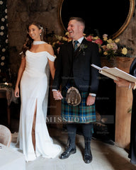 Chic White Mermaid Off-The-Shoulder Strapless Ruffles Long Simple Satin Wedding Dress With Slit