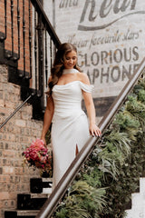 Chic White Mermaid Off-The-Shoulder Strapless Ruffles Long Simple Satin Wedding Dress With Slit