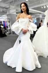 Chic White Mermaid Off-The-Shoulder Strapless Sweep Train Satin Wedding Dress With Bow