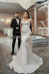 Chic White Mermaid Spaghetti Strap Square Sleeveless Sweep Train Simple Satin Wedding Dresses With Appliques