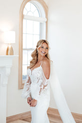 Chic White Mermaid Spaghetti Strapless Off-The-Shoulder Lace Long Satin Wedding Dress With Appliques