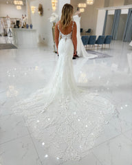 Chic White Mermaid Spaghetti Straps V-Neck Sleeveless Lace Beaded Tulle Chapel Train Wedding Dress With Appliques