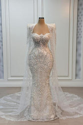 Chic White Mermaid Strapless Sleeveless Beaded Watteau Train Tulle Wedding Dress With Pearls