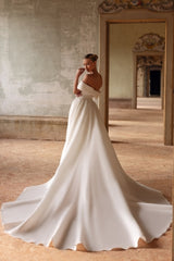 Chic White Mermaid Sweetheart Off-The-Shoulder Sleeveless Panel Train Satin Wedding Dresses With Pearls