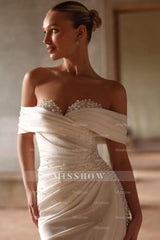 Chic White Mermaid Sweetheart Off-The-Shoulder Sleeveless Panel Train Satin Wedding Dresses With Pearls