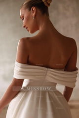 Chic White Mermaid Sweetheart Off-The-Shoulder Sleeveless Panel Train Satin Wedding Dresses With Pearls