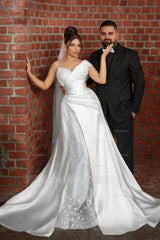Chic White Mermaid Sweetheart One-Shoulder Sleeveless Sequined Lace Panel Train Satin Wedding Dresses With Appliques