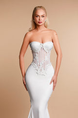 Chic White Mermaid Sweetheart Sleeveless Sweep Train Satin Wedding Dresses With Appliques