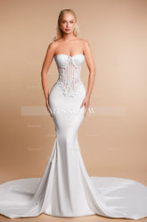 Chic White Mermaid Sweetheart Sleeveless Sweep Train Satin Wedding Dresses With Appliques