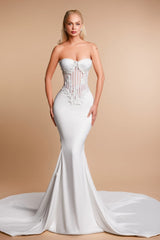 Chic White Mermaid Sweetheart Sleeveless Sweep Train Satin Wedding Dresses With Appliques