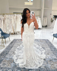 Chic White Mermaid V-Neck Off-The-Shoulder Lace Cathedral Train Wedding Dress With Appliques