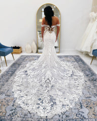 Chic White Mermaid V-Neck Off-The-Shoulder Lace Cathedral Train Wedding Dress With Appliques