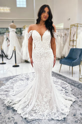 Chic White Mermaid V-Neck Off-The-Shoulder Lace Cathedral Train Wedding Dress With Appliques