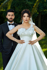 Chic White One-Shoulder Sleeveless Sweep Train Ball Gown Long Satin Wedding Dresses With 3D Flowers