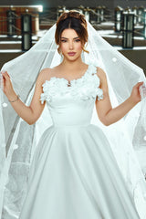 Chic White One-Shoulder Sleeveless Sweep Train Ball Gown Long Satin Wedding Dresses With 3D Flowers