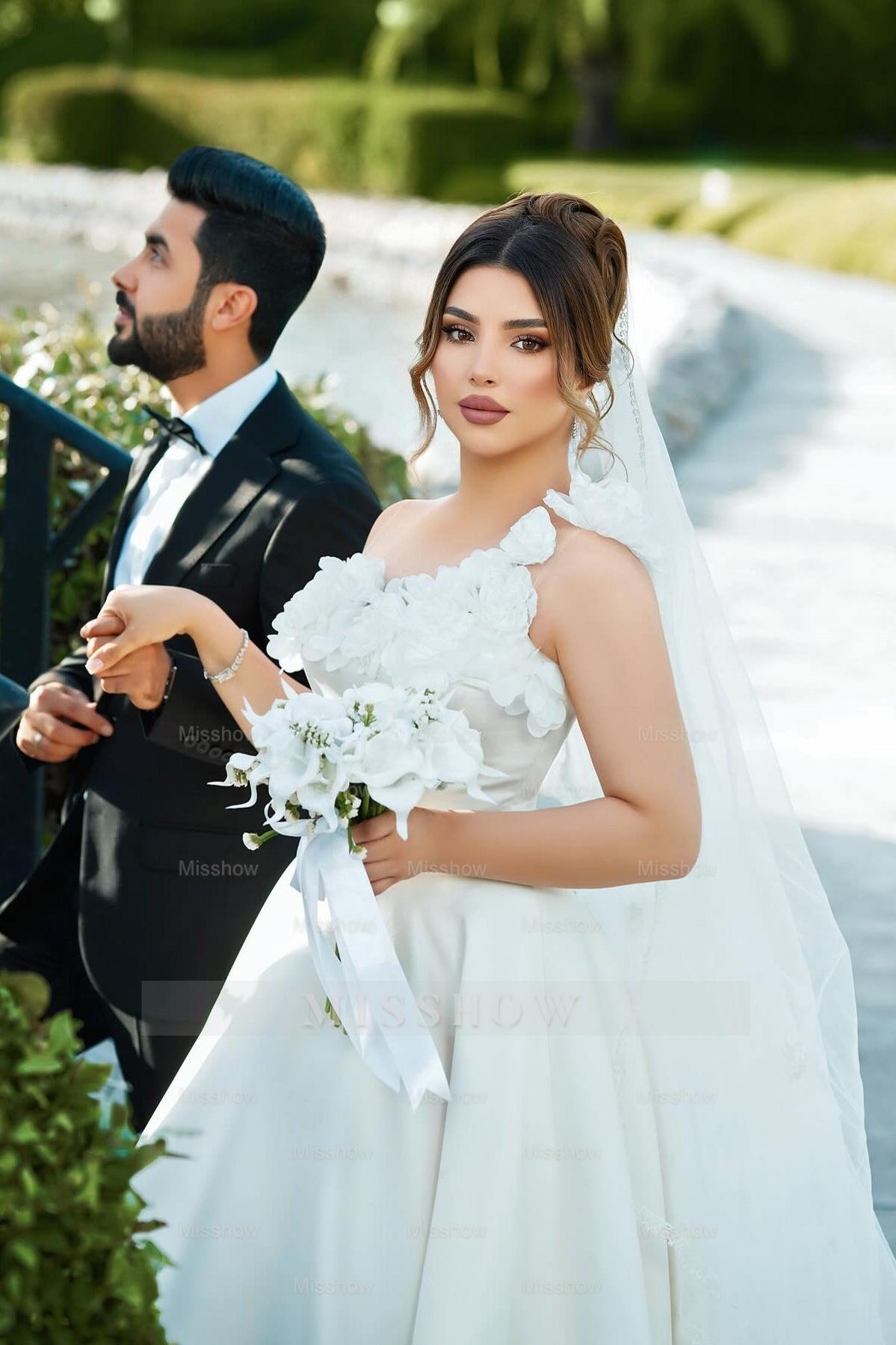 Chic White One-Shoulder Sleeveless Sweep Train Ball Gown Long Satin Wedding Dresses With 3D Flowers