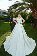 Chic White One-Shoulder Sleeveless Sweep Train Ball Gown Long Satin Wedding Dresses With 3D Flowers
