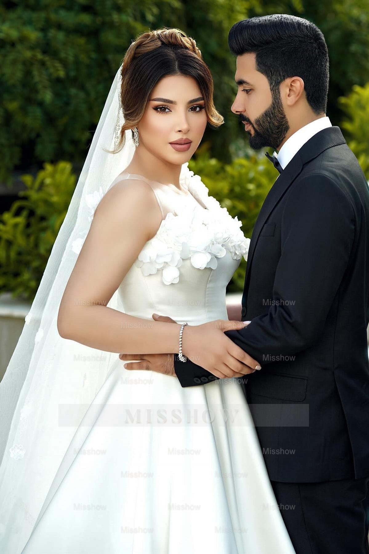 Chic White One-Shoulder Sleeveless Sweep Train Ball Gown Long Satin Wedding Dresses With 3D Flowers