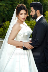 Chic White One-Shoulder Sleeveless Sweep Train Ball Gown Long Satin Wedding Dresses With 3D Flowers