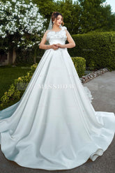 Chic White One-Shoulder Sleeveless Sweep Train Ball Gown Long Satin Wedding Dresses With 3D Flowers