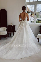 Chic White Spaghetti Strap Sleeveless Beaded Cathedral Train Lace Long Tulle Wedding Dresses