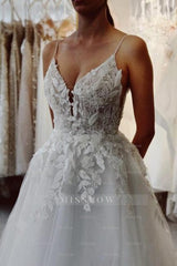 Chic White Spaghetti Strap Sleeveless Beaded Cathedral Train Lace Long Tulle Wedding Dresses