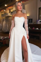 Chic White Strapless A-Line Sleeveless Long Satin Split Front Wedding Dresses With Ruffles