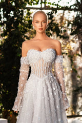 Chic White Sweetheart A-Line Sleeveless Sequined Sweep Train Tulle Wedding Dresses With 3D Flowers