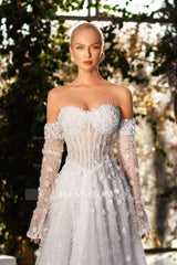Chic White Sweetheart A-Line Sleeveless Sequined Sweep Train Tulle Wedding Dresses With 3D Flowers