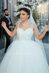 Chic White Sweetheart Spaghetti Strap Sleeveless Ball Gown Tulle Wedding Dresses With Pearls And Appliques