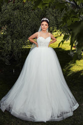 Chic White Sweetheart Spaghetti Strap Sleeveless Ball Gown Tulle Wedding Dresses With Pearls And Appliques