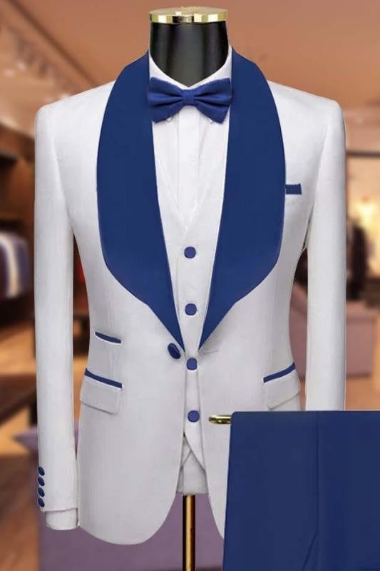 Chic White Three-Piece Wedding Suit With Blue Lapel