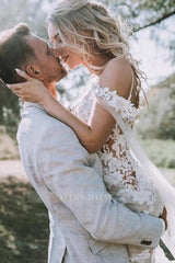 Chic White V-Neck Lace Mermaid Spaghetti Strap Off-The-Shoulder Cap Sleeves Long Wedding Dresses