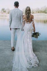 Chic White V-Neck Lace Mermaid Spaghetti Strap Off-The-Shoulder Cap Sleeves Long Wedding Dresses