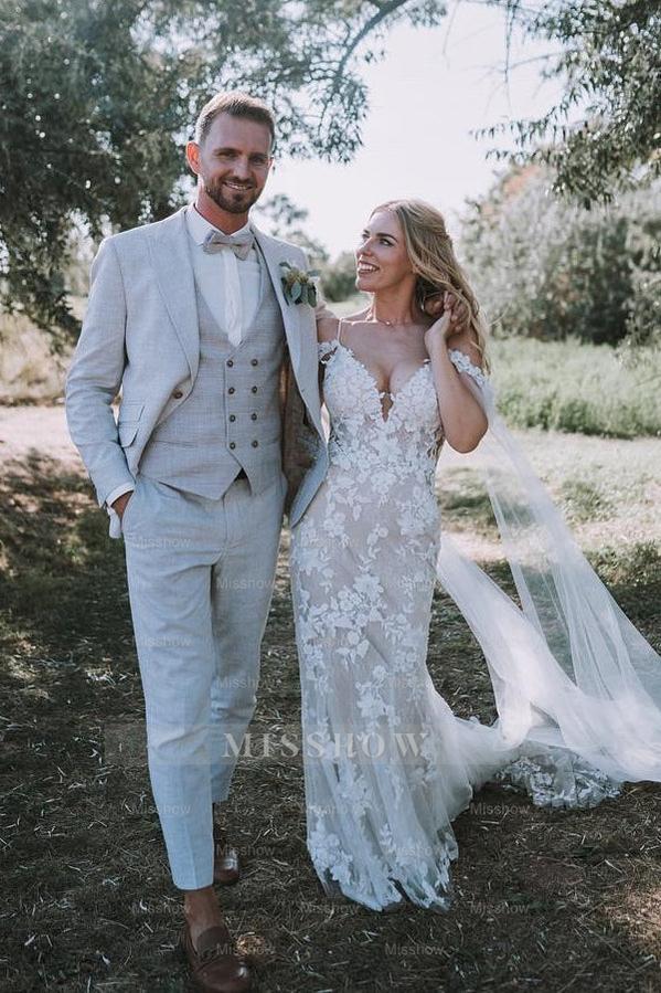 Chic White V-Neck Lace Mermaid Spaghetti Strap Off-The-Shoulder Cap Sleeves Long Wedding Dresses