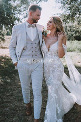 Chic White V-Neck Lace Mermaid Spaghetti Strap Off-The-Shoulder Cap Sleeves Long Wedding Dresses