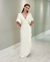 Chic White V-Neck Ruffles Cap Sleeves Long Chiffon Mother of the Bride Dress With Slit