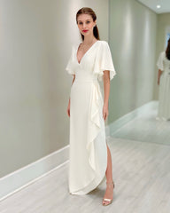 Chic White V-Neck Ruffles Cap Sleeves Long Chiffon Mother of the Bride Dress With Slit