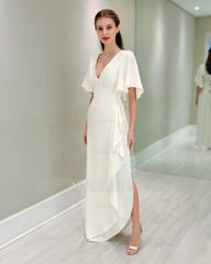 Chic White V-Neck Ruffles Cap Sleeves Long Chiffon Mother of the Bride Dress With Slit