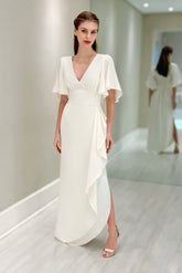 Chic White V-Neck Ruffles Cap Sleeves Long Chiffon Mother of the Bride Dress With Slit