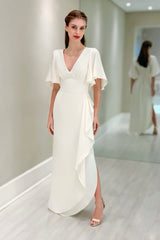 Chic White V-Neck Ruffles Cap Sleeves Long Chiffon Mother of the Bride Dress With Slit