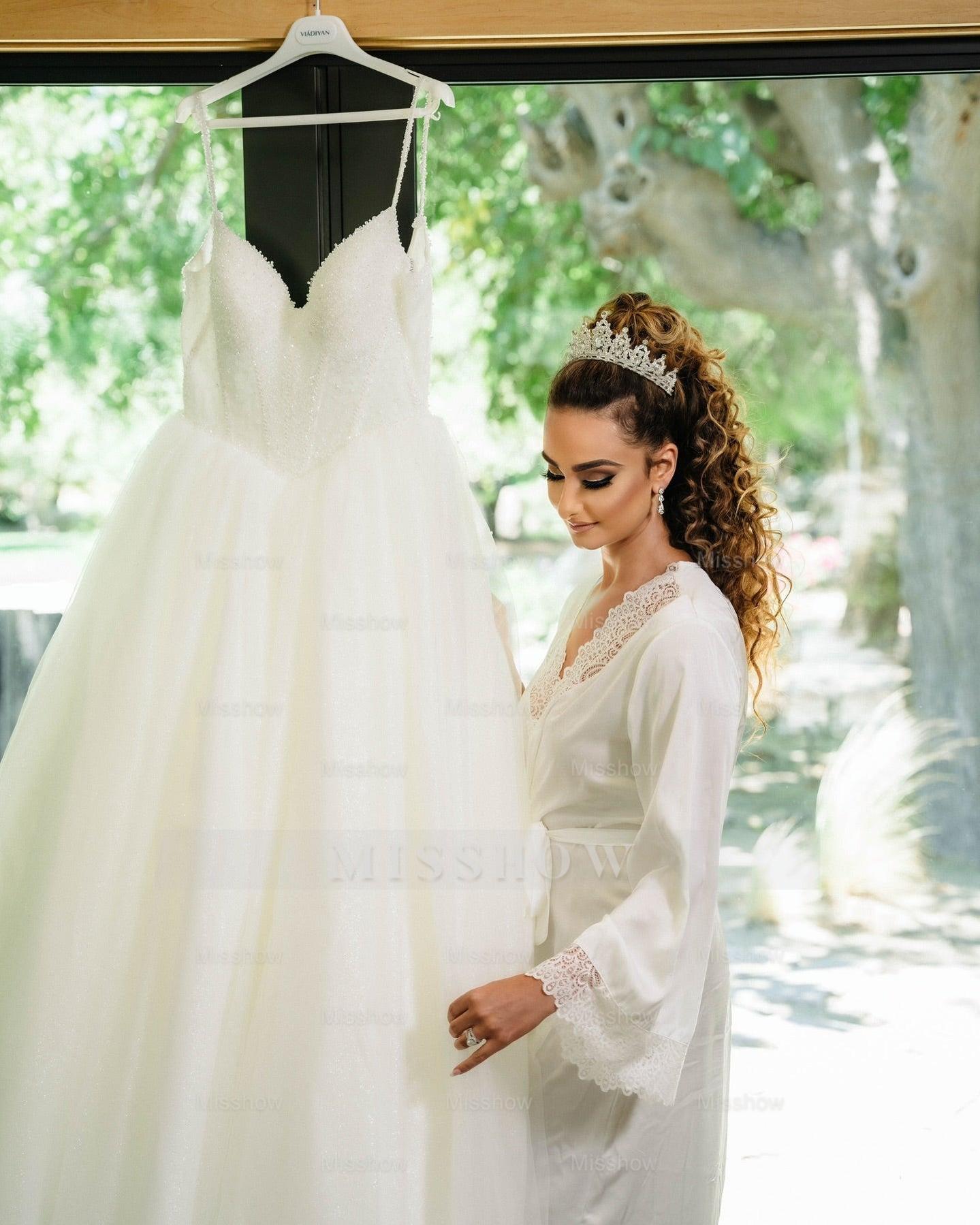 Chic White V-Neck Spaghetti Strap Beaded Ball Gown Sleeveless Cathedral Train Tulle Wedding Dresses